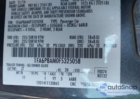 2015 Ford Mustang V6 z USA, uszkodzony, nr VIN 1FA6P8AM0F5325058